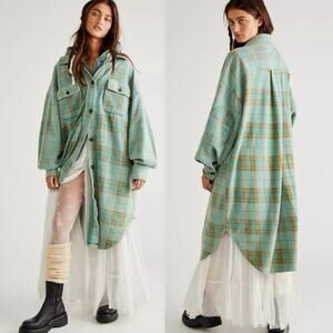 Free People Plaid Long Ruby Jacket in Sage Combo Size XS Grunge Distressed